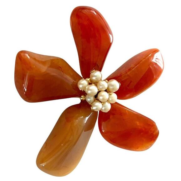 Orange Carnelian Flower Brooch Pin Faux Pearl Center Vintage Jewelry 3” MCM - Picture 7 of 8